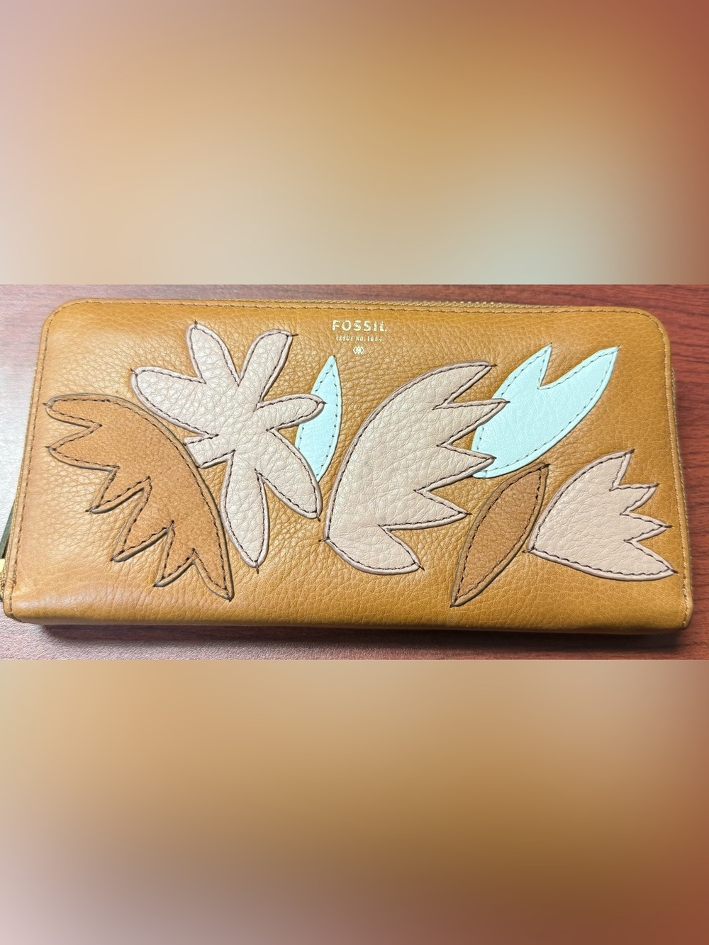 Fossil Women's Tan Floral Applique Zip-Around Wallet